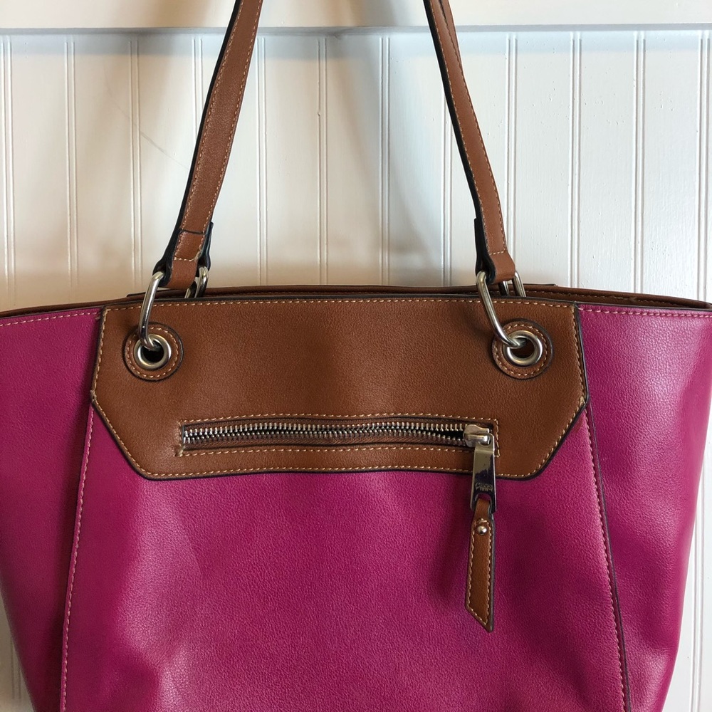 Leather Accent Fuchsia Tote Bag - Brown Trim